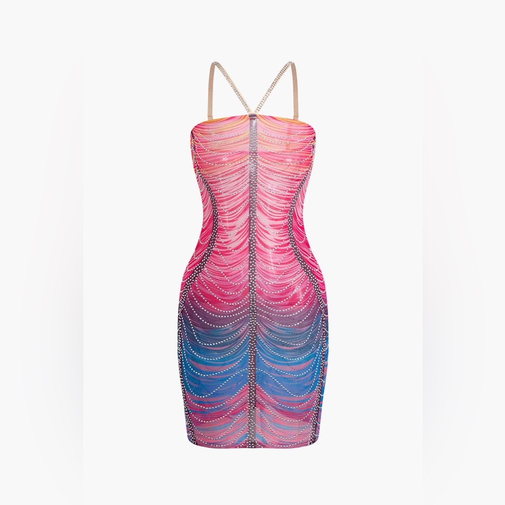 Nwt Micas Rainbow Striped Rhinestone Bodycon Mini‎ Dress